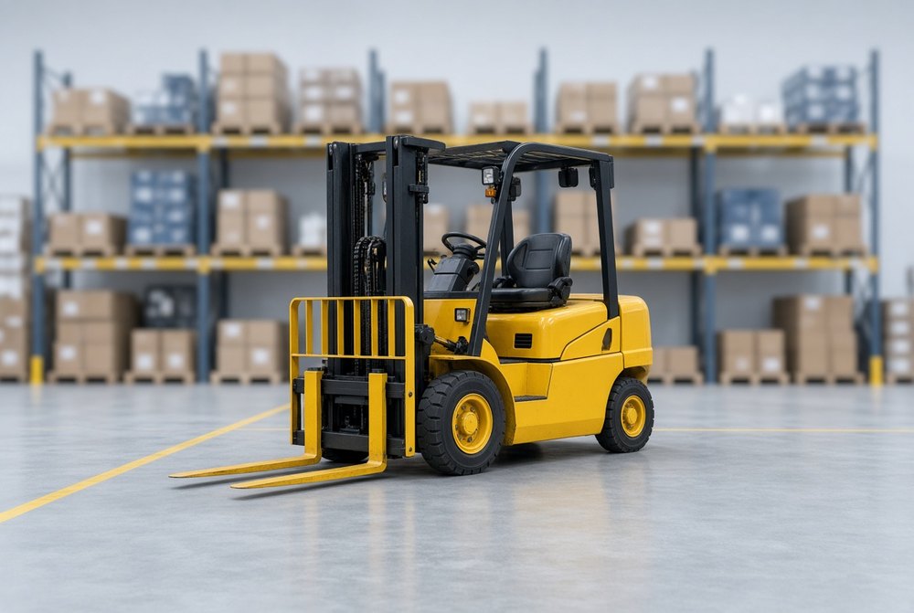 Counterbalance forklift on a marked warehouse floor